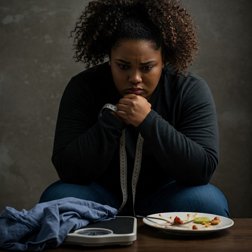 Foto de uma mulher pensativa após comer